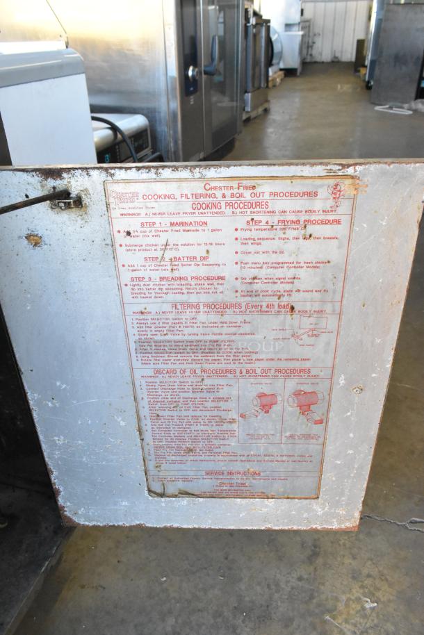 Chester Fried CF-500 stainless steel commercial electric deep fat fryer with detailed cooking procedures. 208 volts, 3 phase.