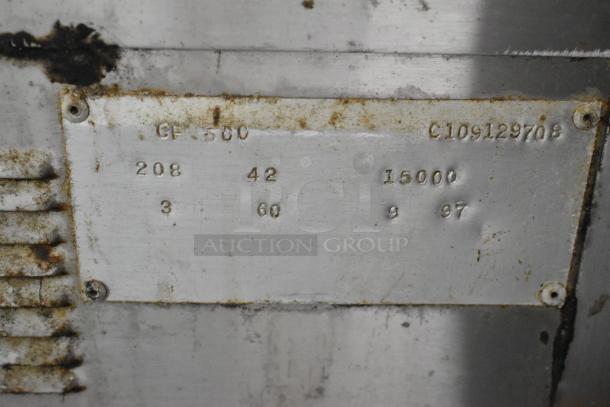 Chester Fried CF-500 deep fat fryer label, showing model and specs: 208V, 3 phase. Stainless steel. Used condition.