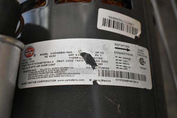 US Motors K55HXRBW-1840 Motor, 120V, 1 Phase, 1/2 HP. Features label with model, specs, and safety warnings.