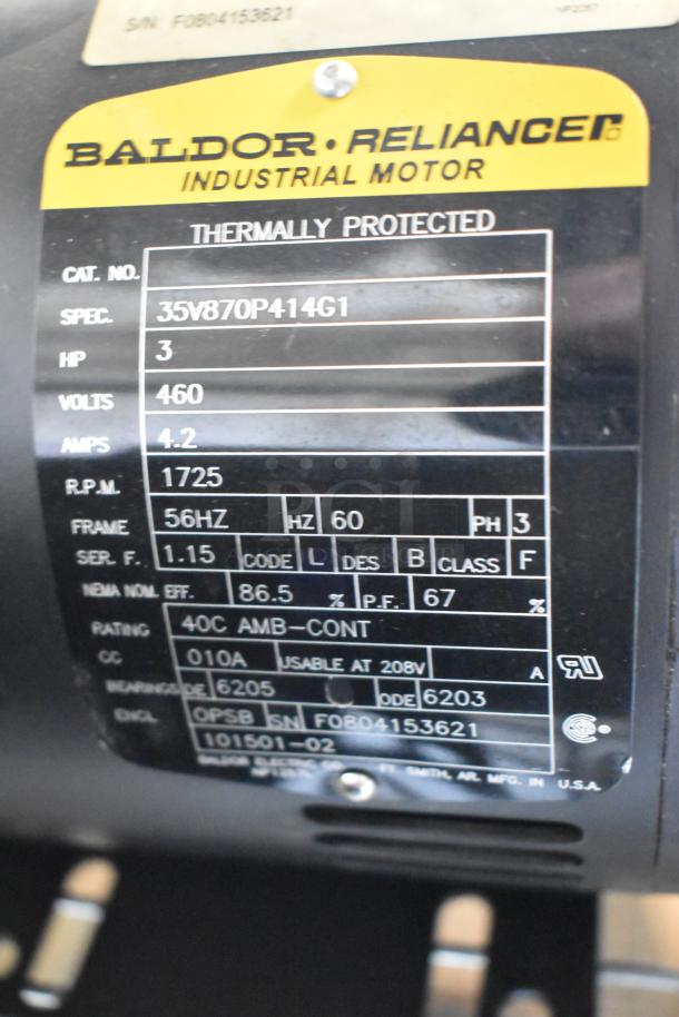 Baldor Reliance Industrial Motor, 3 HP, 460 Volts, 3 Phase, Spec 35V87OP414G1, Thermally Protected, 2 Motors Available.