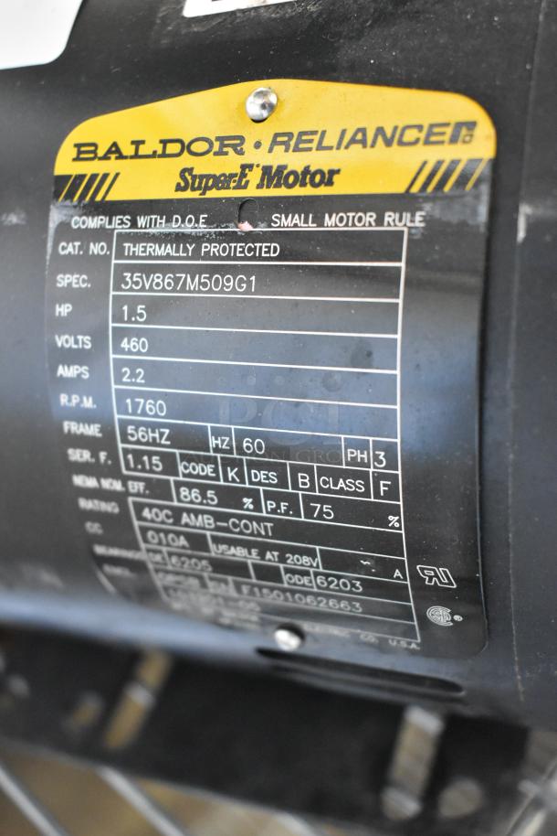 Baldor Reliance motor label; 1.5 HP, 460 volts, 3 phase, thermally protected, model 35V867M509G1, 1760 RPM.