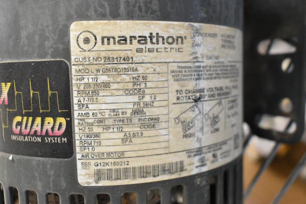 Marathon WG55T8O15516A motor label, 208/230/460V, 3-phase, showing model details and wiring diagram for Marathon electric motor.
