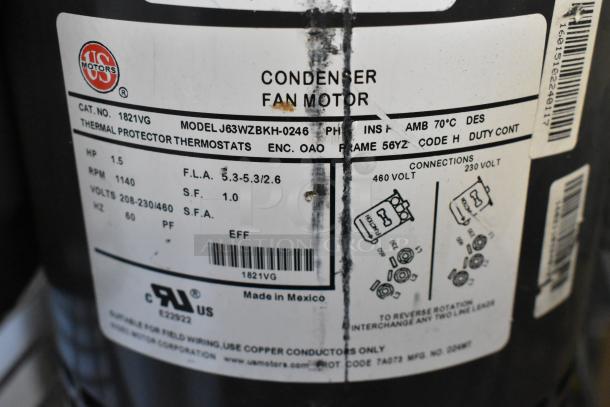 Condenser fan motor label, US Motors J63WZBKH-0246, 1.5 HP, 208-230/460 volts, 3-phase, 1140 RPM, made in Mexico.
