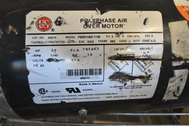 Two US Motors, models P63SYABZ-1159 and J63WZBKH-0246, 2HP, 208-230/460V, 3-phase, thermally protected, made in Mexico.