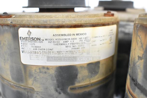 14 Emerson motors, Model K55HX, 460/380-420 Volts, 1 Phase, thermally protected, assembled in Mexico.