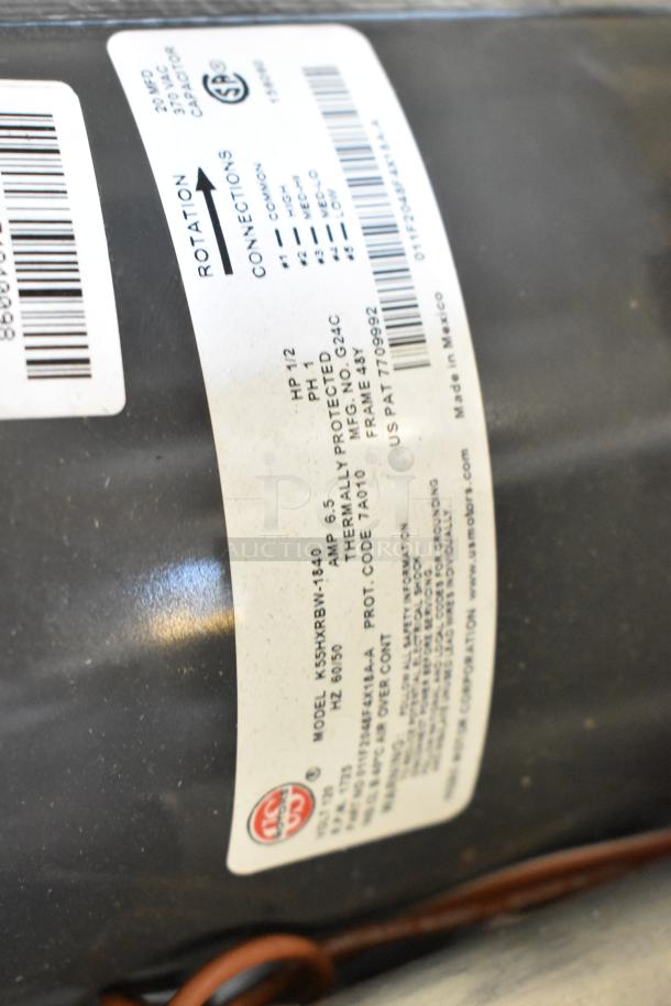 Label on motor showing model K55HXRBW-1840, 1/12 HP, thermally protected, 380-420/460 volts, 1 Phase, made in Mexico.