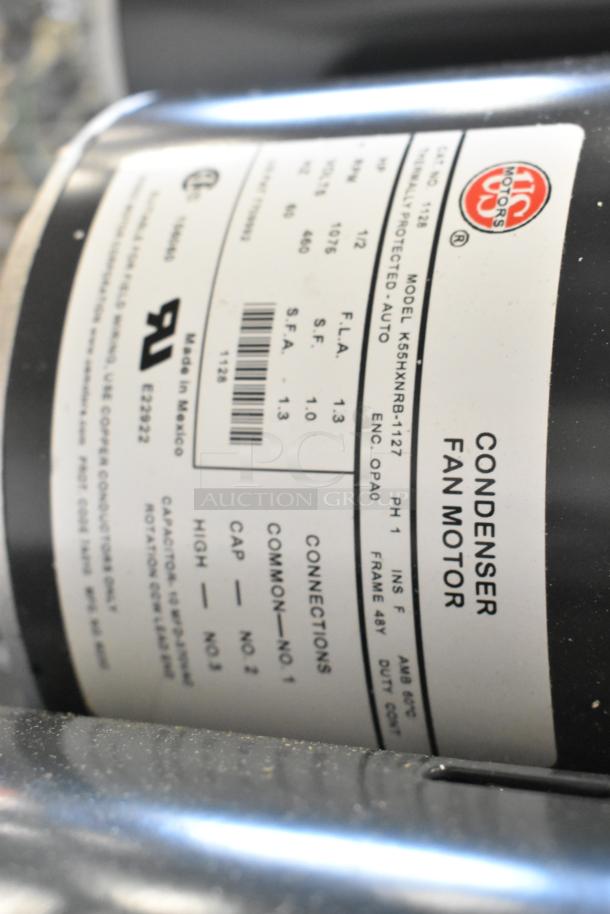 Label of a condenser fan motor showing model K55HXNRB-1127, made in Mexico, 1/2 HP, 380-420/460V, 1 phase.