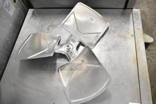 Silver fan blades, set of three, used condition with visible attachment points. Small label detailing item information.