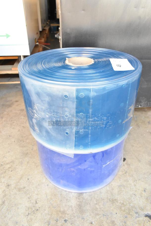 Brand new scratch and dent cooler strip curtain rolls, blue, labeled with "49", unused condition.