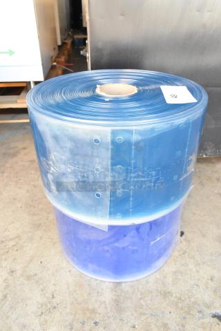 Brand new scratch and dent cooler strip curtain rolls, blue, labeled with "49", unused condition.