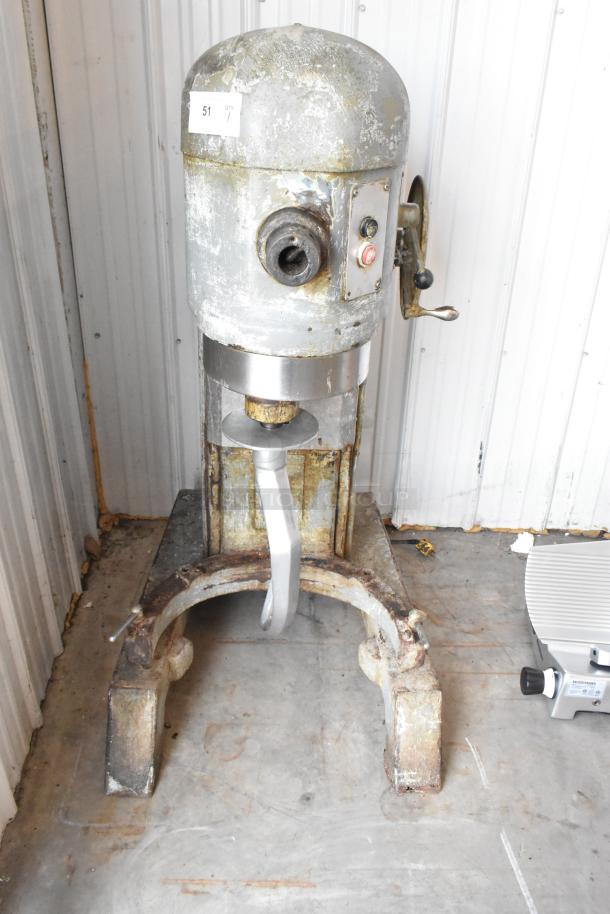 Hobart H-600 60 Quart Planetary Dough Mixer with dough hook, showing wear. Operates on 115V, 1 phase.