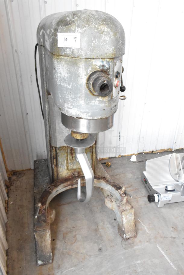 Hobart H-600 60-quart dough mixer with dough hook, floor style, metal body, worn condition, 115V, 1 phase, visible wear.
