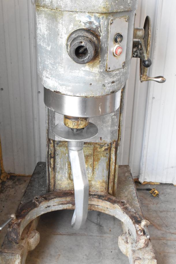 Hobart H-600 60-quart commercial dough mixer with dough hook, metal, floor style, worn paint, 115 volts, 1 phase.