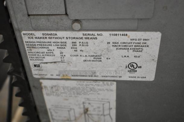 Manitowoc SD0452A Stainless Steel Ice Head, 115V, 1 Phase. NSF certified label with specs visible, minor wear.