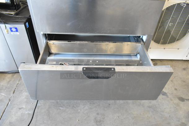 Beverage Air UCFD36AHC-2 stainless steel 2-drawer freezer, commercial casters, 115V, 1 phase, shown open, sturdy condition.