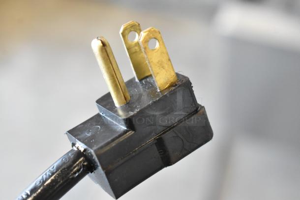 Power cord plug for Beverage Air UCFD36AHC-2 commercial freezer, 115 volts, 1 phase. Black and gold pins visible.