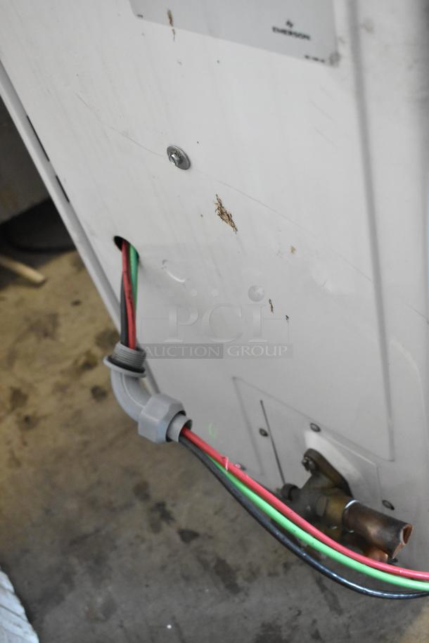 Emerson XFAM-030Z-CFV-081 outdoor refrigeration unit showing wiring and connection details, 208-230V, 1 phase.