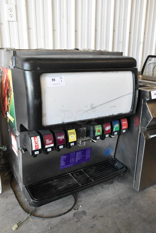 Cornelius ED200-BCHZ stainless steel beverage machine, 8 flavors, countertop design, 115V, 1 phase, visible wear.