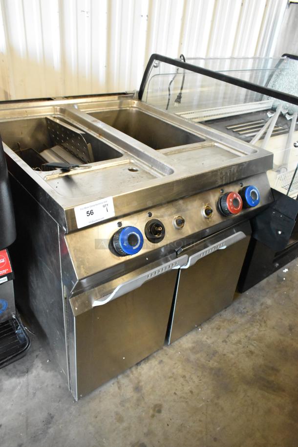 Axis AX-GPC2 stainless steel 2-bay pasta cooker, natural gas, 100,000 BTU, commercial floor style, control knobs visible.