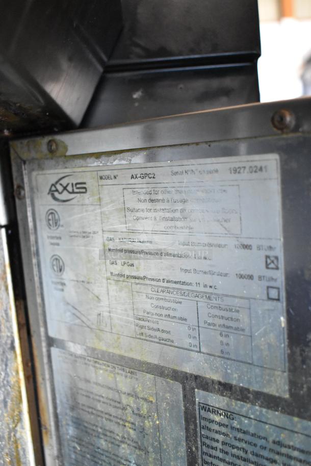 Axis AX-GPC2 stainless steel commercial pasta cooker label, showing model, serial number, and 100,000 BTU gas specifications.