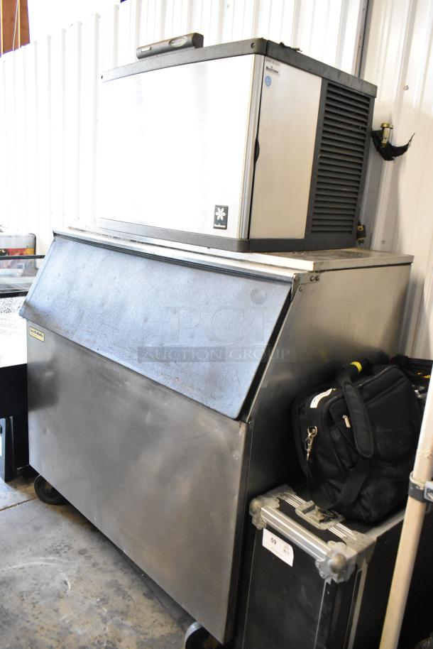 Manitowoc QD0452A stainless steel commercial ice head on Ice O Matic bin with casters, 115V, 1 phase.
