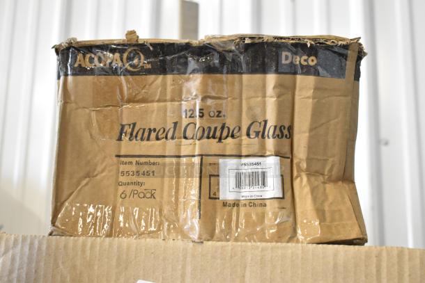 "Acopa 12.5 oz flared coupe glass box, item #5535451, quantity 6, made in China, worn packaging."