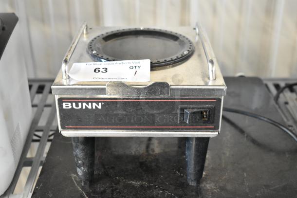Bunn RWS1 stainless steel single burner coffee pot warmer, 120 volts, 1 phase, commercial countertop model, in used condition.