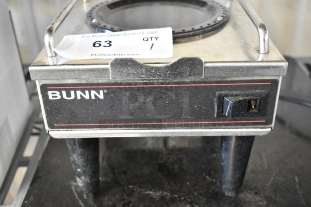 Bunn RWS1 stainless steel coffee pot warmer, single burner, 120 volts, countertop model with visible switch and Bunn logo.