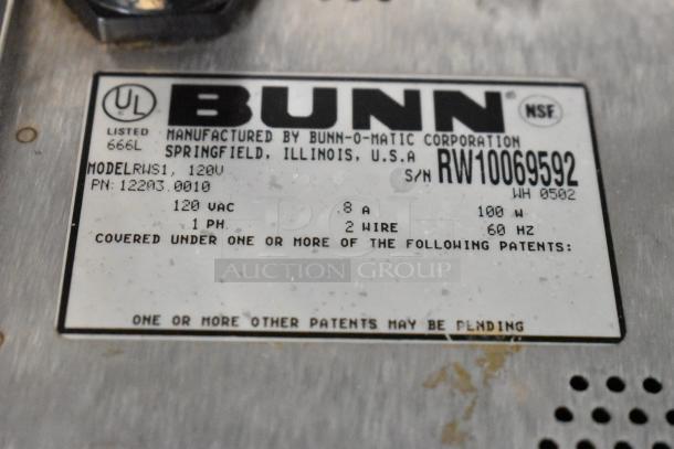 Bunn RWS1 Stainless Steel Coffee Pot Warmer, 120V, 1 Phase, model label visible, for commercial use.