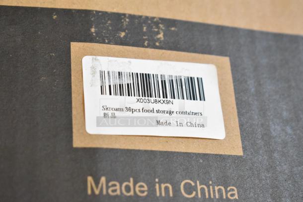 Box with label for Skroam 36-piece food storage containers, brand new, Made in China.