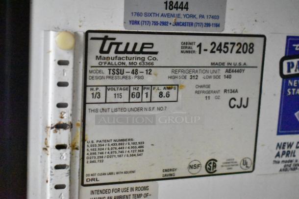 True TSSU-48-12 sandwich salad prep table label, showing model, voltage 115, phase 1, refrigerant R134A, NSF certified.