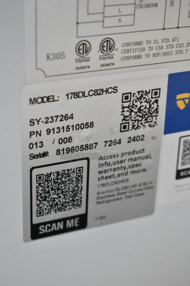 Label on Avantco 178DLC82HCS, showing model, serial number 819605887, and QR code for product info and warranty.