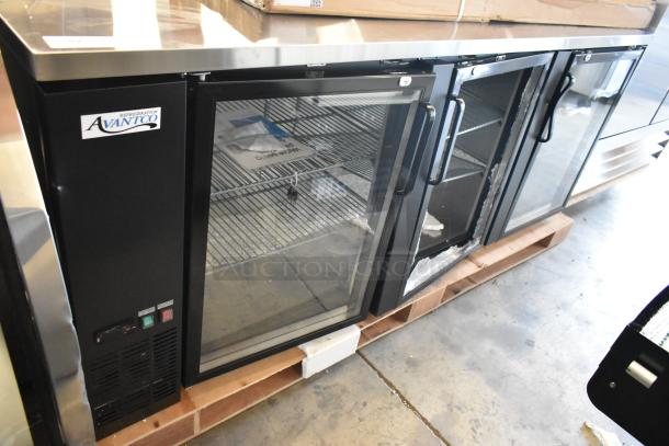 Brand new Avantco 178UBB4GHC 90" black glass door back bar refrigerator, with visible scratch and dent damage. LED lighting, 115V.