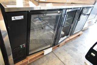 Brand new Avantco 178UBB4GHC 90" black glass door back bar refrigerator, with visible scratch and dent damage. LED lighting, 115V.