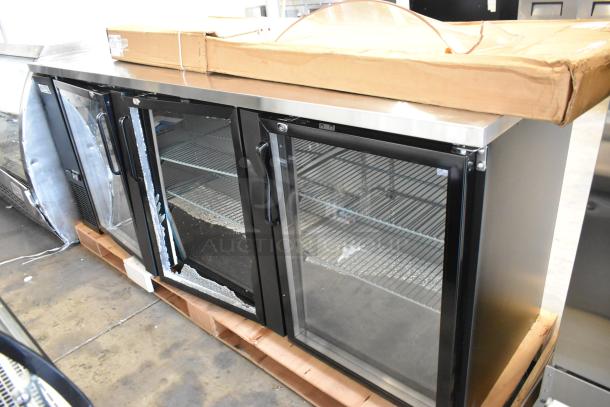 Brand new Avantco 178UBB4GHC back bar refrigerator, 90" black, glass doors, LED lighting; one door with broken glass. 115V.