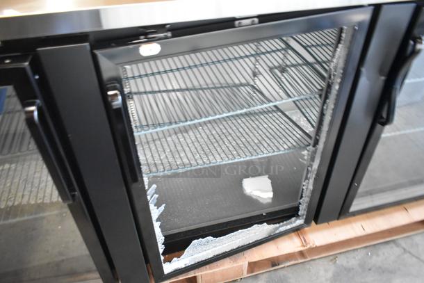 Brand new Avantco 178UBB4GHC 90" black back bar refrigerator with broken glass door. LED lighting, 115V, 1 Phase.