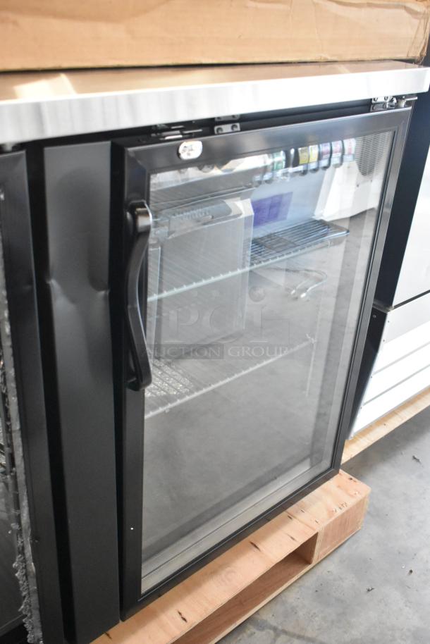 Brand new Avantco 178UBB4GHC black glass door fridge, 90", counter height, LED lighting, note broken glass, 115V, 1 phase.