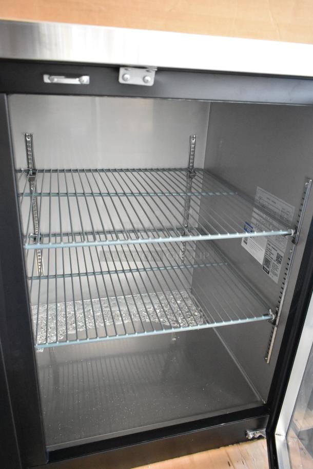 Brand new Avantco 178UBB4GHC 90" black back bar refrigerator with glass door, LED lighting. Scratch and dent condition. 115V, 1 phase.
