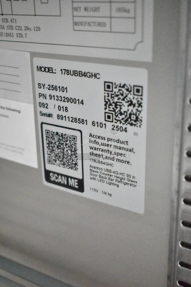 "Avantco 178UBB4GHC 90" black bar fridge, glass door, LED lighting, scratch and dent, 115V, visible product label."