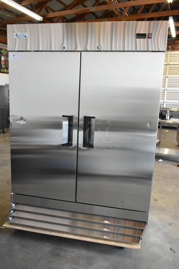 Brand new Avantco 178A49RHC stainless steel 2-door cooler, scratch and dent, poly-coated racks, on commercial casters.