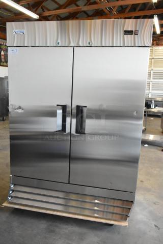 Brand new Avantco 178A49RHC stainless steel 2-door cooler, scratch and dent, poly-coated racks, on commercial casters.