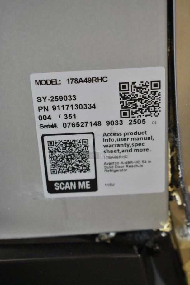 "Avantco 178A49RHC tag showing model, serial number 076527148, and QR code for product info, 115V, 1 Phase."
