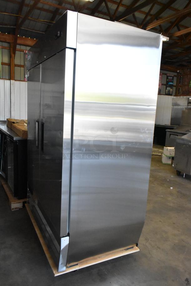Avantco 178A49RHC stainless steel 2-door reach-in cooler, brand new, scratch and dent, poly-coated racks, on casters.