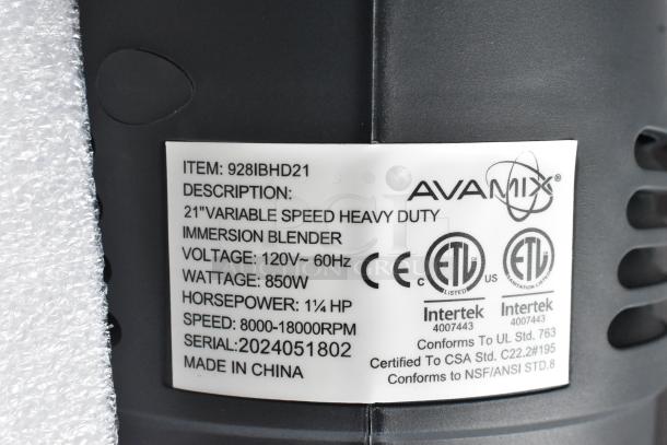 15 new AvaMIx 928IBHD21 heavy-duty immersion blenders, 21" variable speed, 1 1/4 hp, 120V, 850W. Labels show specs.