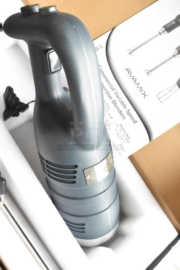 Avantco 178A49RHC immersion blender in box, grey with black handle, brand new. Includes manual, labeled AvaMix, 21" heavy-duty.