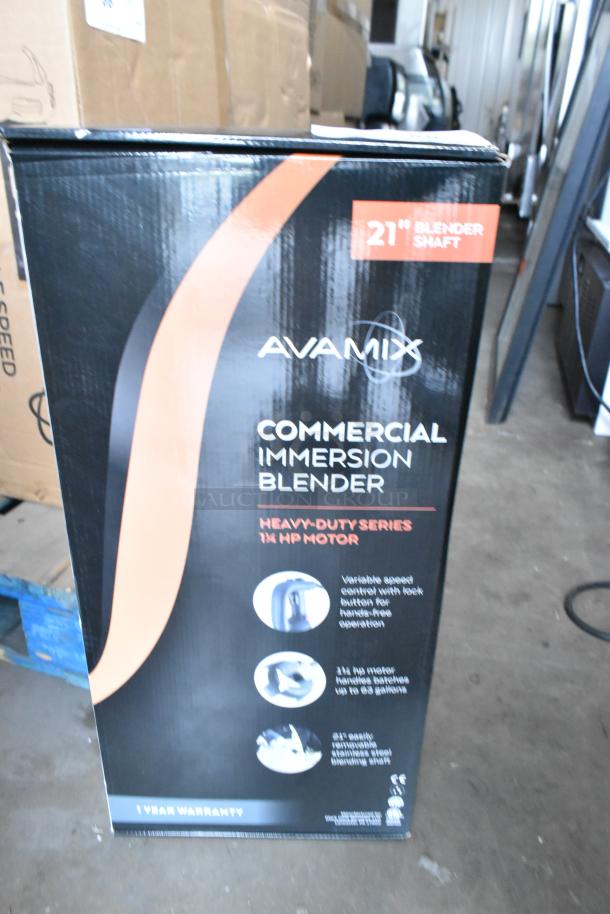 5 new AvaMIx 928IBHD21 immersion blenders in box, 21" shaft, 1 1/4 hp motor, 120V, heavy-duty, slight cosmetic flaws.