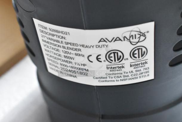 AvaMIx 928IBHD21 21" Heavy-Duty Variable Speed Immersion Blender, 1¼ hp, 120V, new, minor scratches, ETL certified.