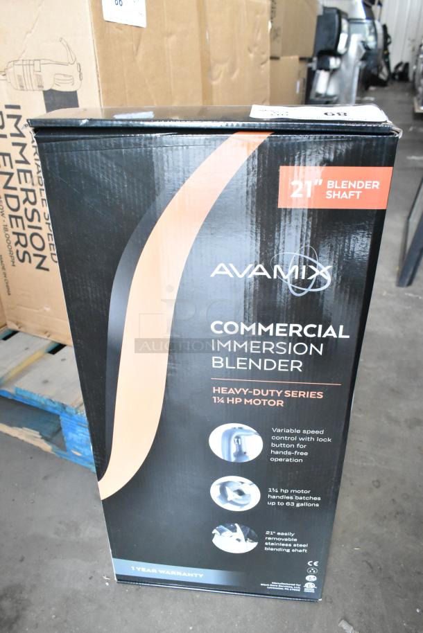 Box of AvaMIx 928IBHD21 21" Heavy-Duty Immersion Blender, 1 1/4 hp, new condition, features variable speed, 120V.