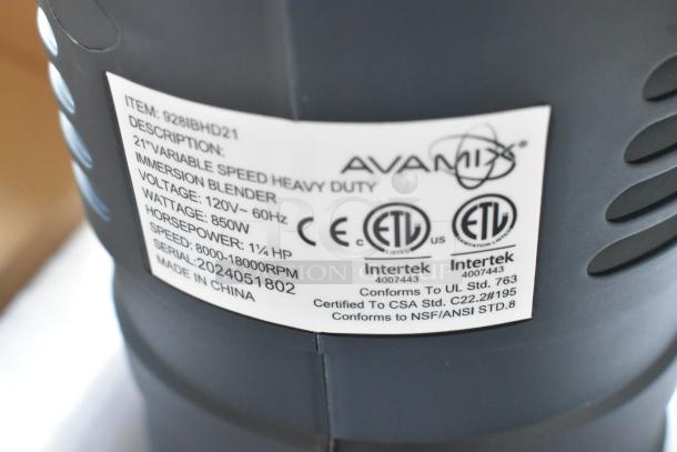 AvaMIx 928IBHD21 21" Heavy-Duty Immersion Blender label, showing specs: 1 1/4 hp, 120V, ETL certified, made in China.