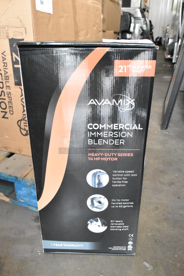 15 new AvaMix 928IBHD21 immersion blenders in boxes. 21" shaft, 1 1/4 hp motor, variable speed. Scratch and dent condition.